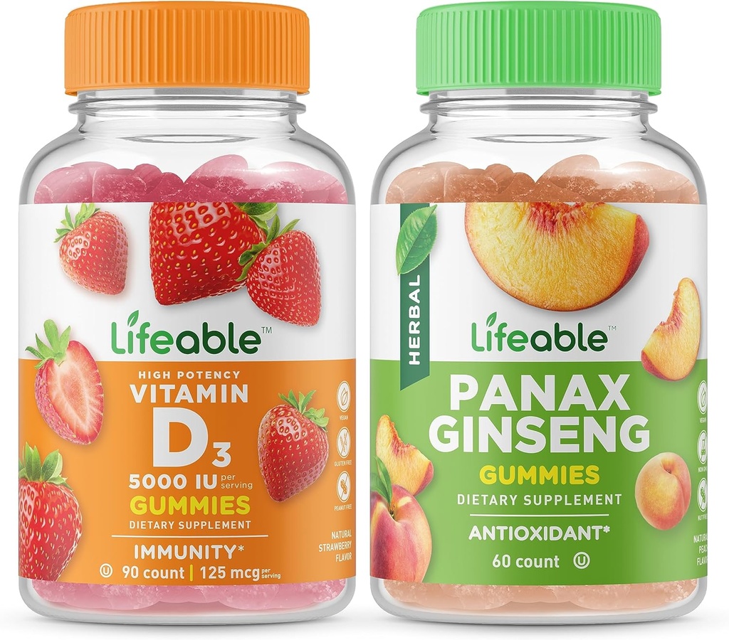 Lebensfähiges Vitamin D 5000 IU + Panax Ginseng, Gummies Bundle - Große Verkostung, Vitaminergänzung, Glutenfrei, GMO frei, Kaugummi