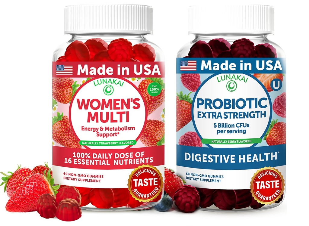 Lunakai USA Femmes faites Multivitamines et Gommies Probiotiques Bundle – 16 Multi Vitamines et Probiotiques pour le soutien de la digestion – 60ct Chaque