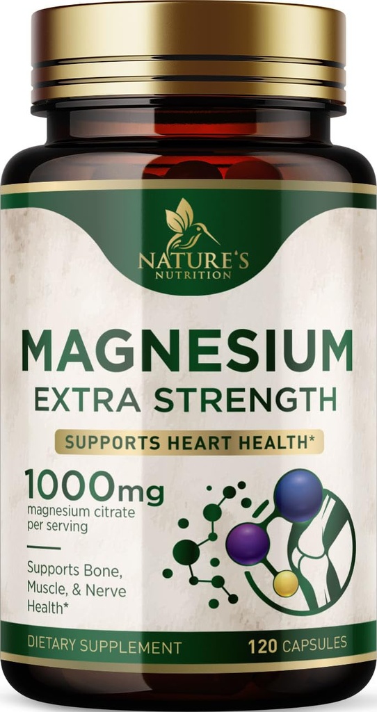 Supplément minéral de magnésium 1000 mg - Citrate de magnésium de haute puissance pour os, santé cardiaque, soutien des nerfs et des muscles, complexe de magnésium de la nature pour soutien du corps entier, mis en bouteille aux États-Unis - 120 capsules