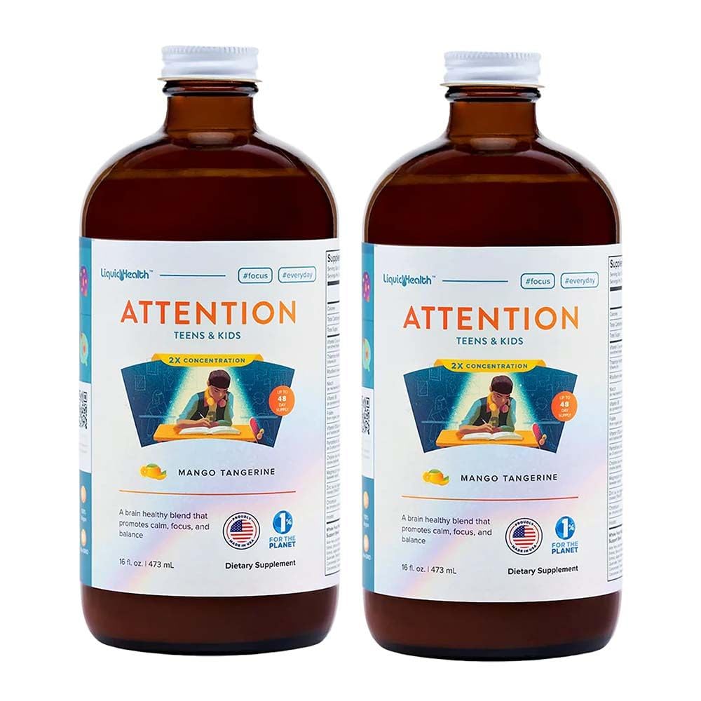 LIQUIDHEALTH Attention, Multivitamine liquide pour les enfants et les adolescents - Améliore la rétention de mémoire, la concentration, la concentration, l'humeur, la relaxation et le calme - Fabriqué aux États-Unis, Grand goût, végétalien, sans sucre (2 pack)