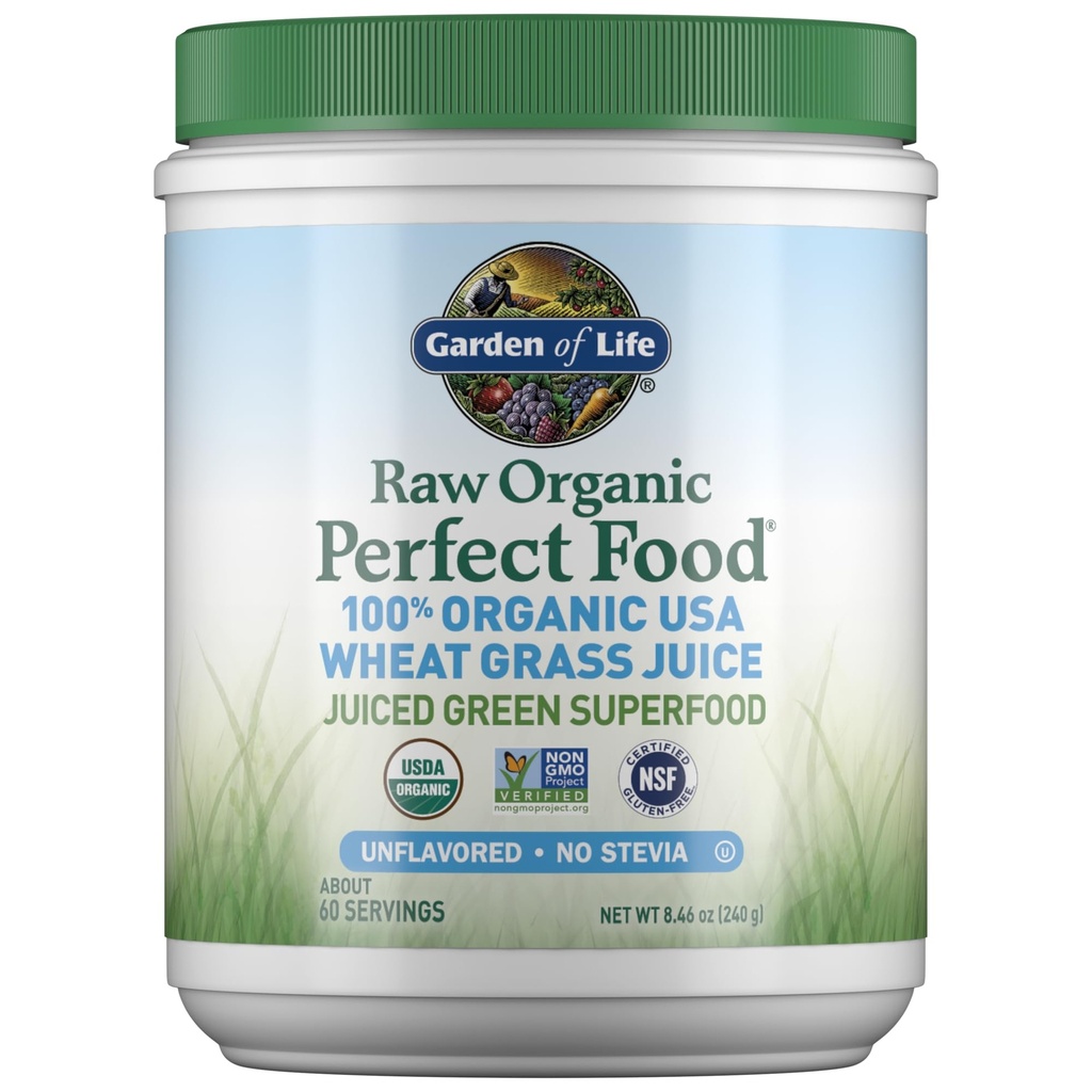 Garden of Life Raw Organic Perfect Food 100% Bio USA Jus d'herbe de blé - vert juteux Superfood Greens Poudre, 60 portions - sans Stevia, sans OGM, végétalien, sans gluten complément alimentaire entier