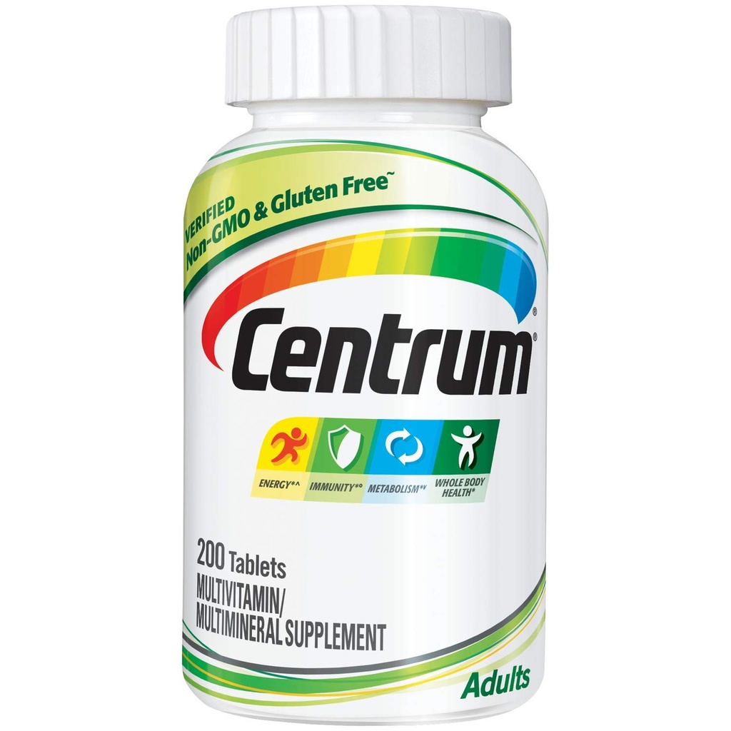 Supplément multivitamine/multiminérale pour adultes Centrum avec antioxydants, zinc, vitamine D3 et vitamine B, sans gluten, ingrédients non OGM - 200 Nombre