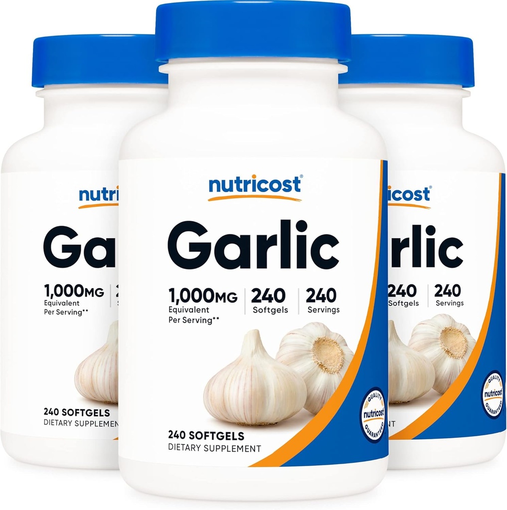 Nutricost Garlic 1000mg, 240 Softgels (3 Bottles) - Odorless, Premium Gluten Free Supplement