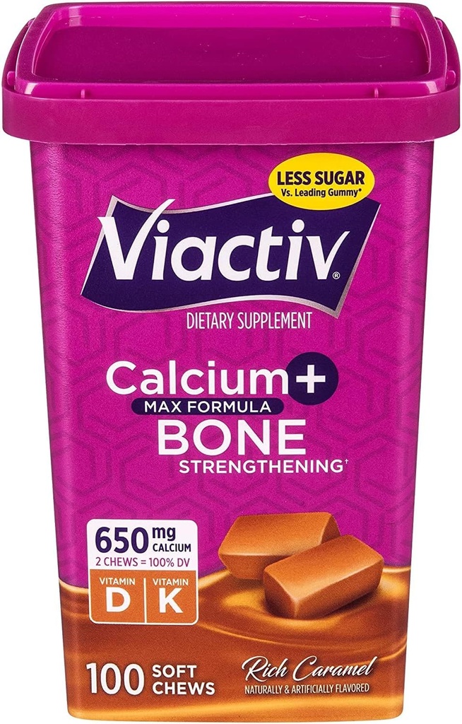 Viactiv Max Formel Kalzium +Vitamin D3 Beilage für Knochengesundheit, Rich Caramel, 100 Soft Chews - 6 Pack