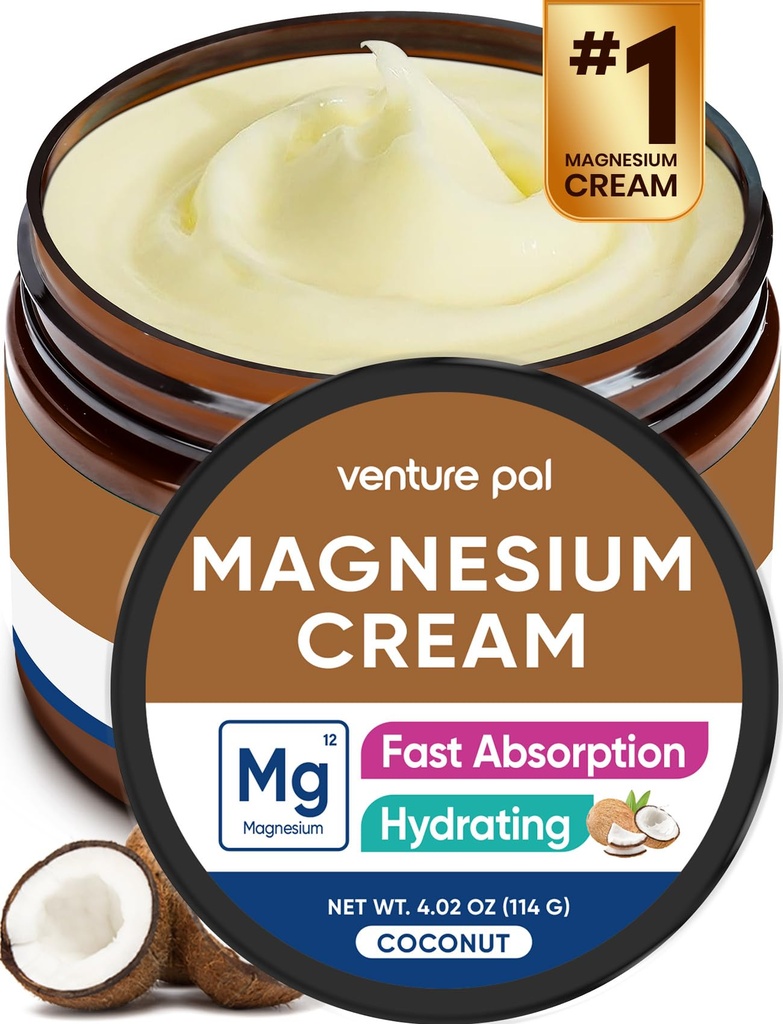 Venture Pal Lotion de magnésium, Crème de magnésium topique pour le sommeil, Crampes de jambes et douleur, Relaxation musculaire, Calme, Supplément hydratant avec huile de coco, beurre de karité et acide hyaluronique, sans danger pour les enfants