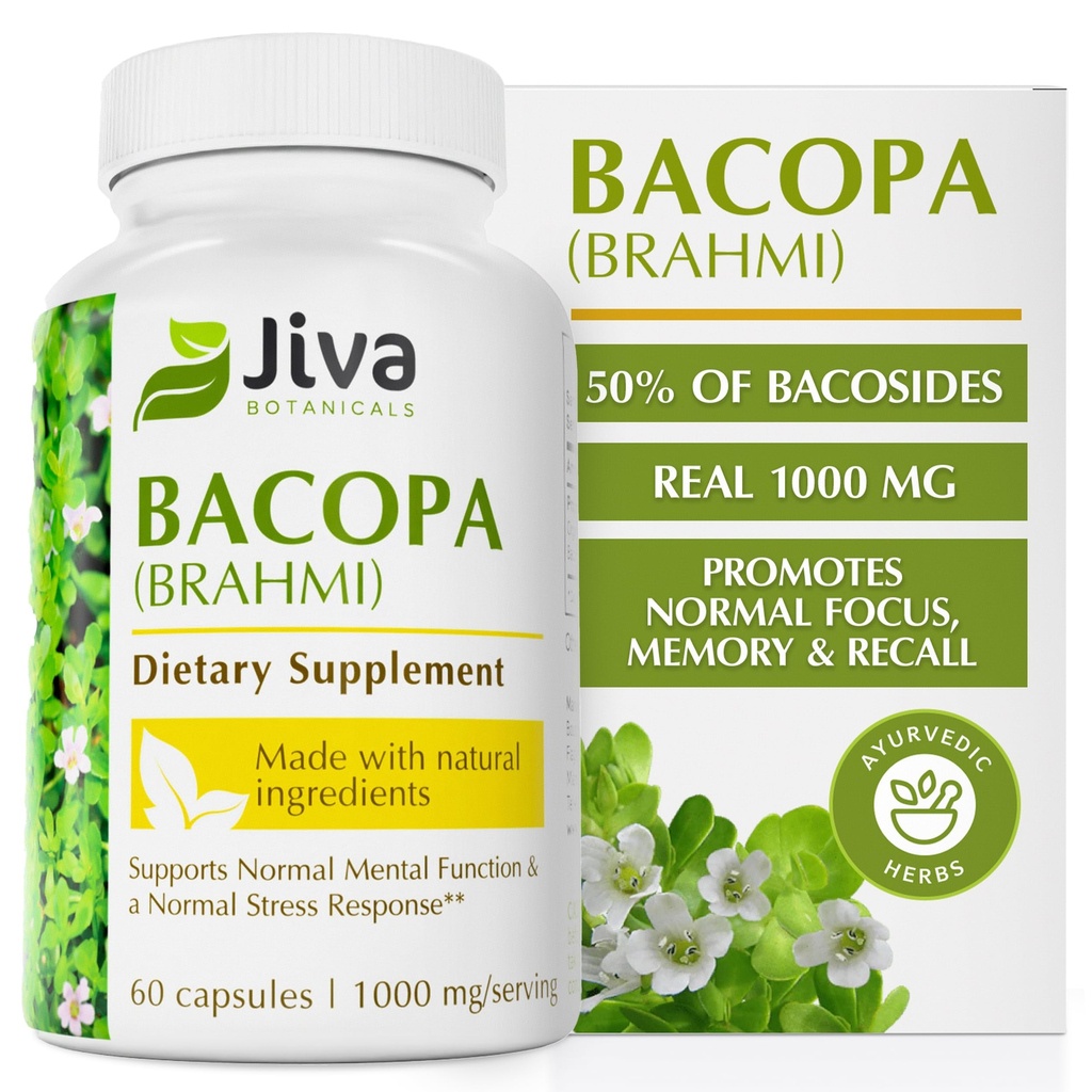 Jiva Botanicals Bacopa Monnieri Supplément Pure 1000mg par portion - Haute puissance Bacopa Monnieri (Brahmi) et extrait pour le soutien normal du cerveau, du focus et de la mémoire - Herbes ayurvédiques - 60 capsules