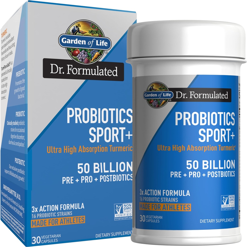 Jardin de la vie Dr Probiotiques de Sport Formulé Supplément digestif, Prébiotiques organiques pour les athlètes femmes et hommes, Curcumine curcumine curcumaire cliniquement étudié, 50 Million CFU, Gut Health, Acidophilus, 30ct