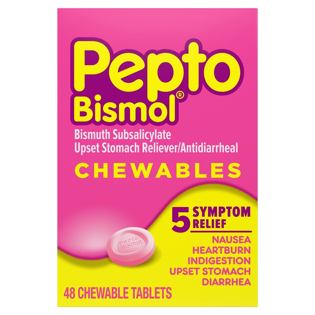 Pepto Bismol Kautabletten für Übelkeit, Sodbrennen, Verdauung, Upset Stomach und Durchfall - 5 Symptom Fast Relief, Original Flavor, 48 ct