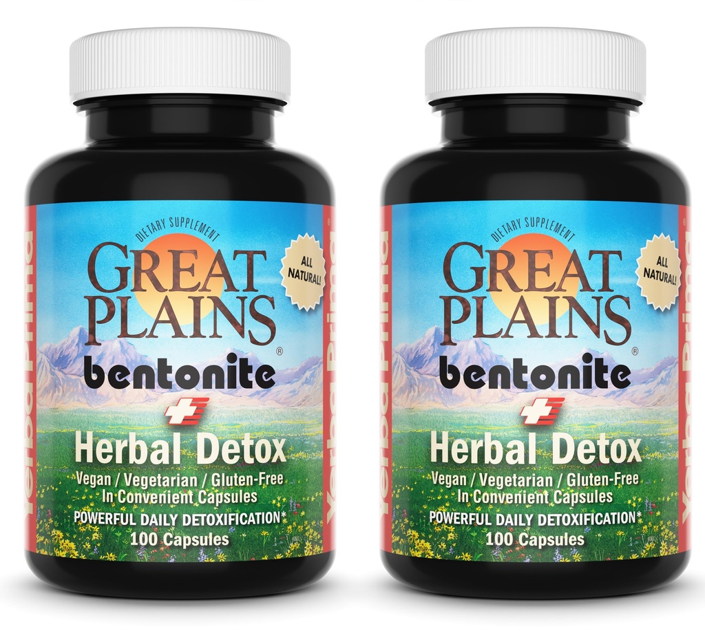 Yerba Prima Great Plains Bentonite Clay Caps Plus Herbal Detox (Pack von 2) - Food Grade - Leber & Colon Cleanse Supplement Kapseln