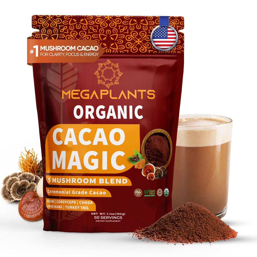 MegaPlants Cacao Magic (50 Servierungen) | Superfood 5 Pilzmischung | Lions Mane, Reishi, Chaga, Cordyceps, Turkey Tail | Smoothie, Hot Chocolate, Coffee Alternative