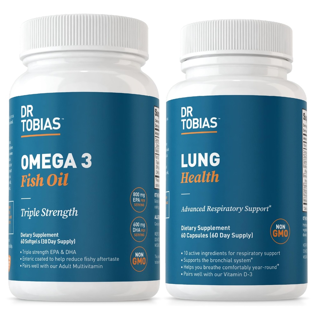 Dr Tobias Omega 3 Huile de poisson et suppléments de santé pulmonaire pour le coeur, le cerveau et l'immunité, le nettoyage pulmonaire et la formule de désintoxication pour le système bronchial et respiratoire, 60 capsules