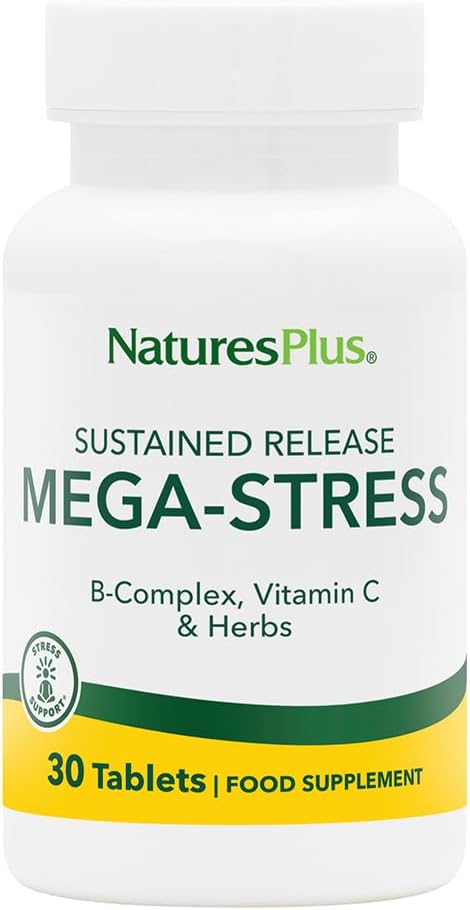 Natures Plus Mega Complexe, libération prolongée - 30 comprimés végétariens - Complexe B, supplément vitamine C, camomille et herbes - Sans gluten - 30 portions