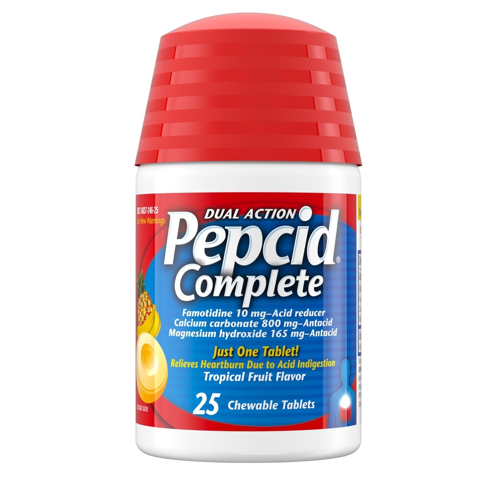 Réducteur d'acide complet Pepcid + antiacide pour le reflux acide, 10 mg de famotidine, 800 mg de carbonate de calcium et 165 mg d'hydroxyde de magnésium par comprimé de brûlures d'estomac, antiacides, fruits tropicaux, 25 ct
