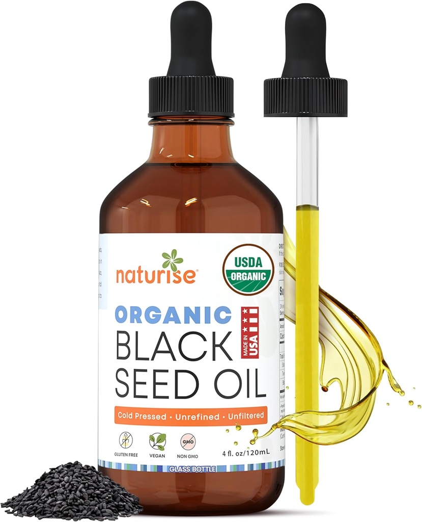 USDA Black Cumin Seed Oil Organic – Nigella Sativa Black Seed Oil Organic Cold Pressed & Unrefined in Glass Bouteille – Vegan, Non-OGM Blackseed Nails & Hair Growth Oils (4 fl oz)