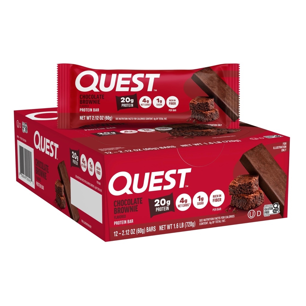Quest Nutrition Chocolat Brownie Protein Bar, 20g de protéines, 1g de sucre, 4g de glucides nets, sans gluten, sans gluten, 12 Compte