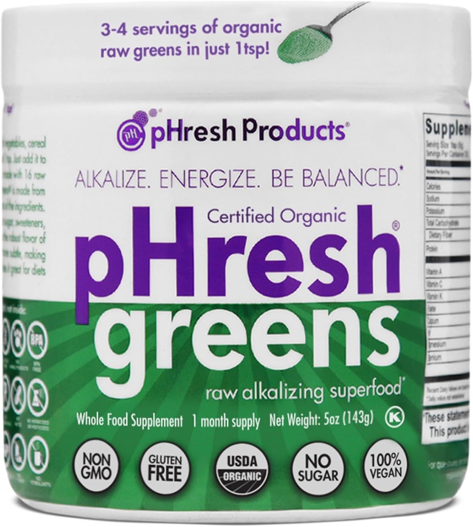pHresh Greens Raw Alkalizing Superfood Greens Powder - 1 Month Supply | Gluten-Free | Natural Enzymes | Raw Nutrients | Approved for Intermittent Fasting and Keto Diets | 5 Ounces