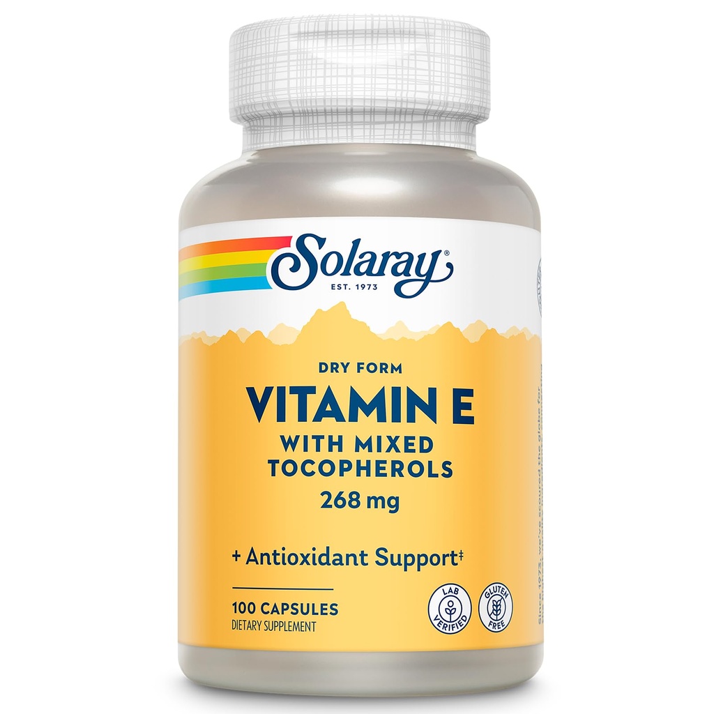 SOLARAY Vitamine E 400 UI (268mg), forme sèche - source naturelle, tocophérols mélangés Vitamine E - supplément antioxydant, SPM et soutien à la ménopause - garantie de 60 jours, laboratoire vérifié - 100 portion, 100 capsules