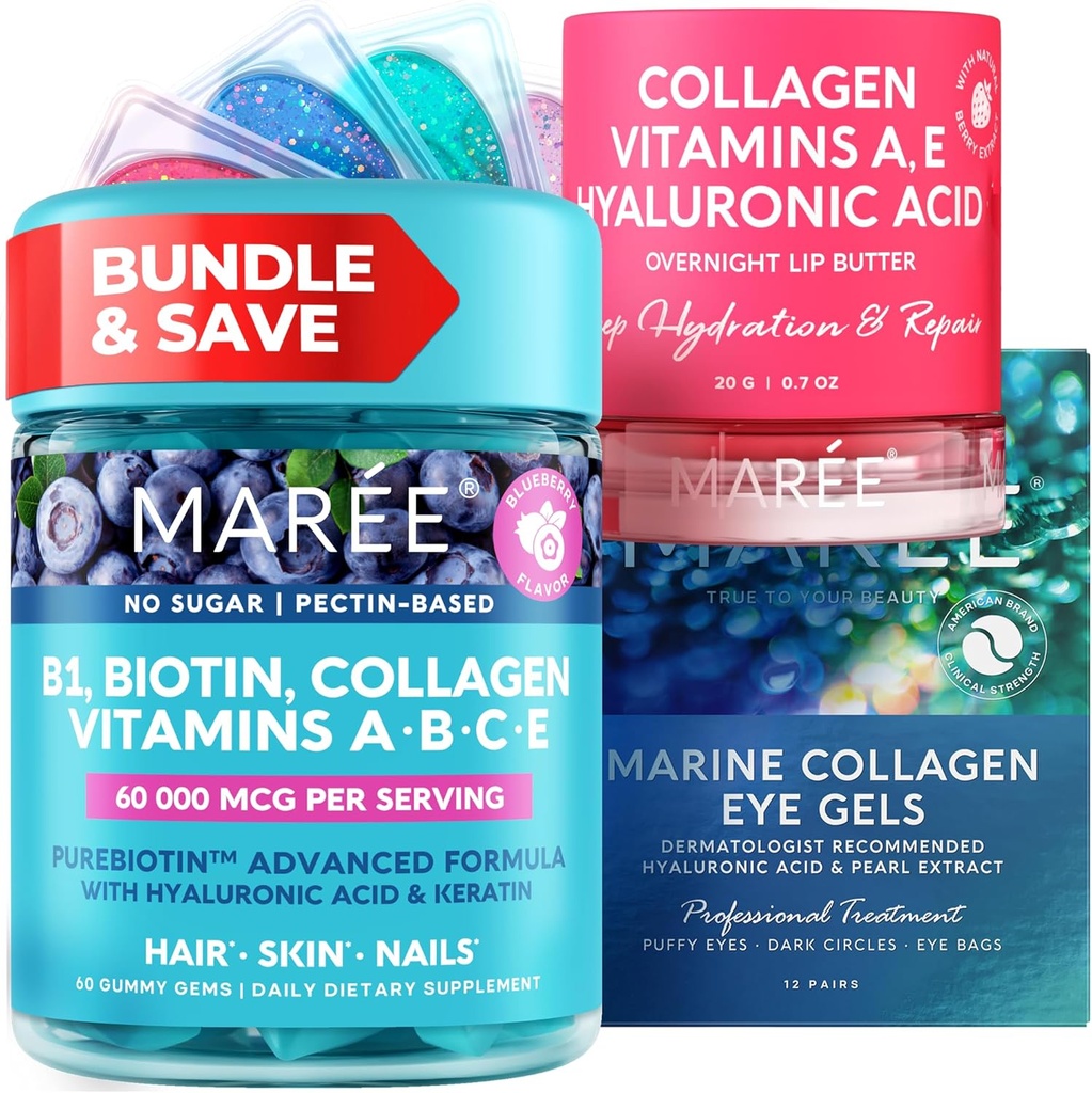 MAREE Bundle - Vitamin B1 Thiamine Gummis, Lip Mask, Under Eye Gels - A, E, D, C Vitamins - Collagen & Hyaluronsäure - Komplex für Haut, Nägel, Haar - Maske für trockene Lippen - Gele für Puffy Eyes