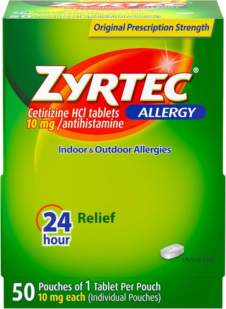 Zyrtec 24 Hour Allergy Relief Tablets, Individually Wrapped Indoor and Outdoor Allergy Medicine with 10 mg Cetirizine HCl per Antihistamine Tablet, 1 Tablet Per Pack, 50 ct Dispensit Pack