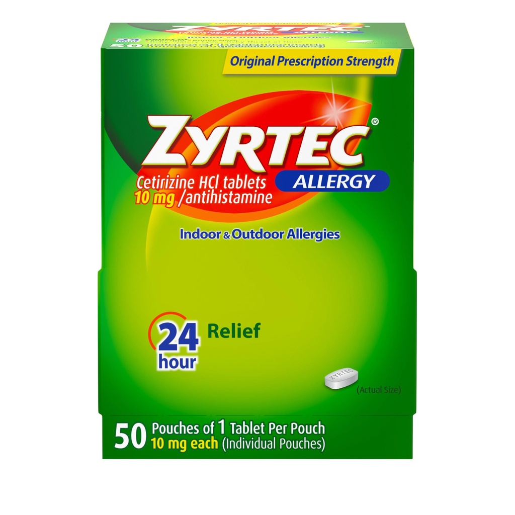 Zyrtec 24 Hour Allergy Relief Tabletten, Individuell Wrapped Indoor und Outdoor Allergy Medizin mit 10 mg Cetirizine HCl pro Antihistamin Tablet, 1 Tablette pro Pack, 50 ct Dispensit Pack