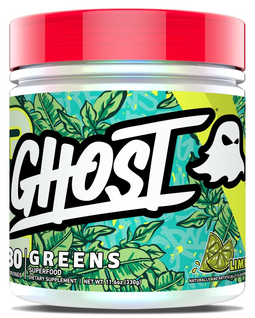 GHOST Greens Powder, Lime - 30 Servierungen - 19 Superfood Greens & Reds Powder, Fruits, Gemüse, Spirulina, & Chlorella, Prebiotics, 10 Billion CFU Probiotic & Digestive Enzyme - Glutenfrei