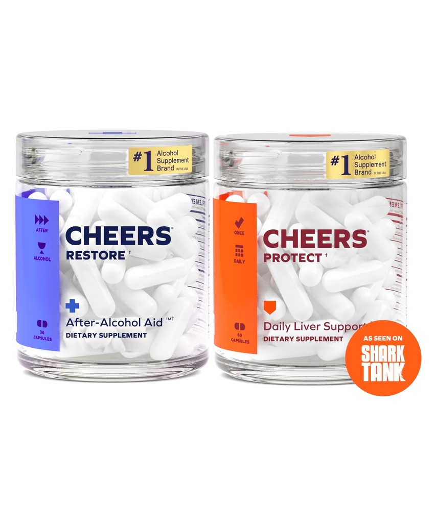 Cheers Liver Combo | Wiederherstellen + Schützen Sie Ihre Leber und fühlen Sie sich besser nach dem Trinken | DHM, L-Cystein, Milchdistel, Krickly Pear, B-Vitamine | 12 Doses Restore, 30 Doses Protect | Ergänzungen