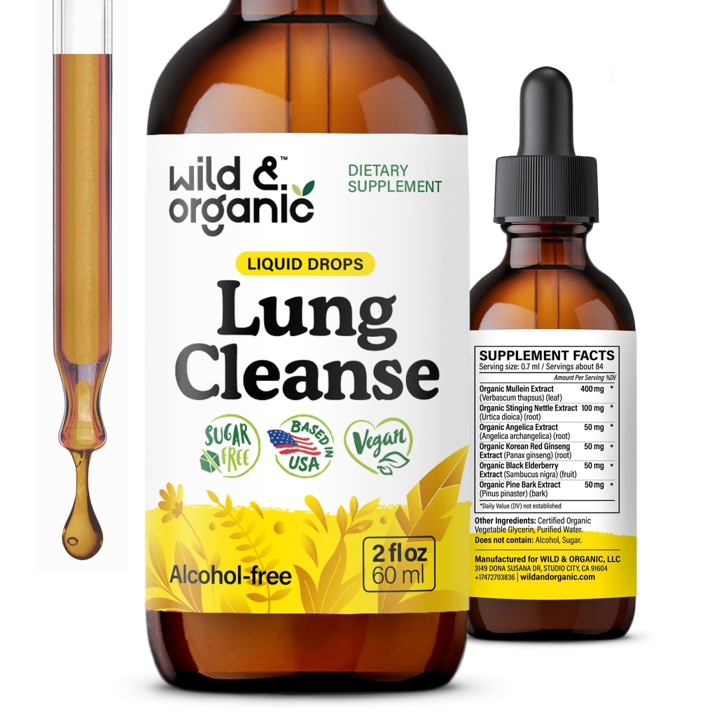 Wild & Organic Lung Cleanse Tincture - Mullein Blatt Extrakt für Lunge - Kräuter-Detox-Ergänzungen - Vegan, Zucker & Alkoholfreie Mullein Tropfen - 2 fl oz