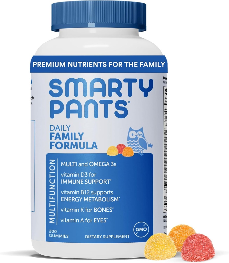 SmartyPants Multivitamin für Männer, Frauen & Kinder: Vitamin Gummis mit Omega 3 Fischöl (EPA/DHA), Methylfolat, Vitamin D3, C, Vitamin B12, B6, Vitamin A, K & Zink, 200 Zähler (30 Tage Versorgung)