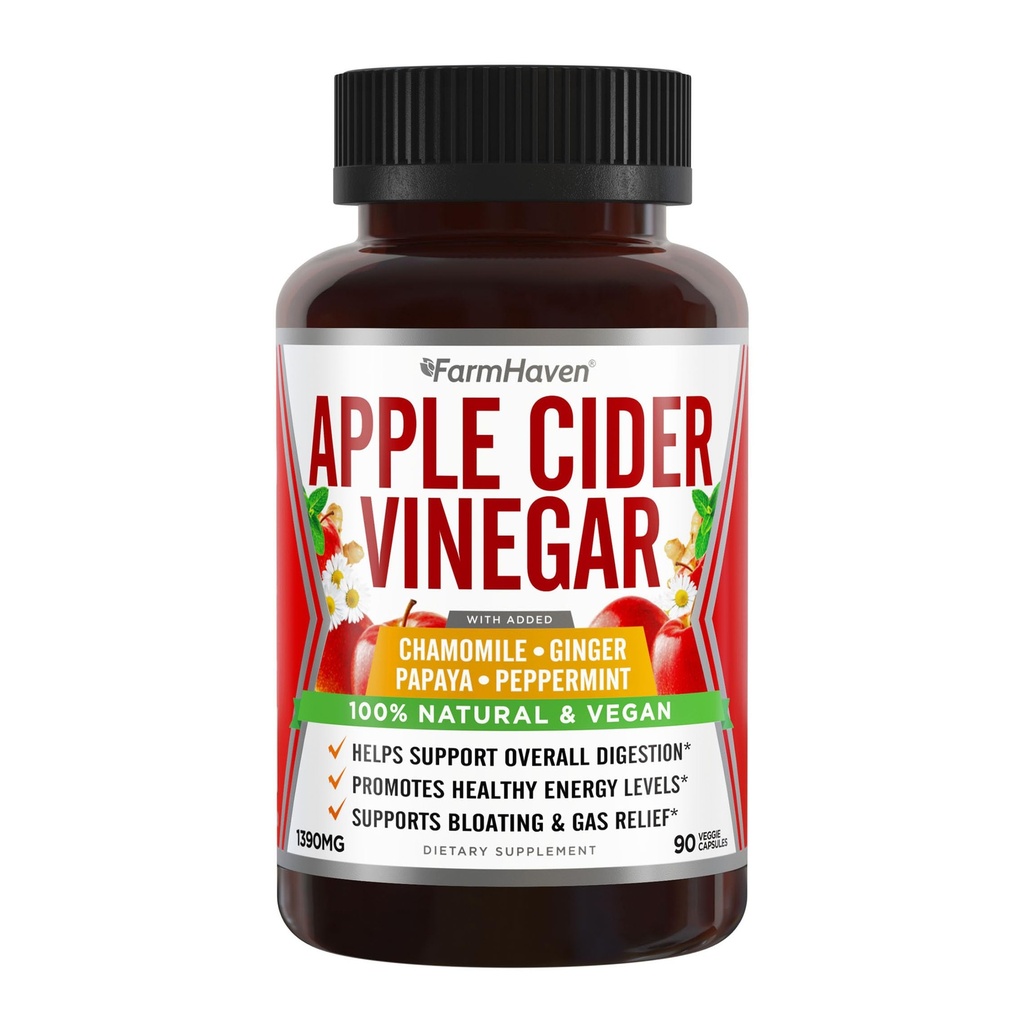 Apple Cider Vinegar Capsules with Ginger, Papaya & Chamomile | 1390mg | Improves Digestion, Energy, Immunity | Soothes Gas & Bloating Issues | Like with Mother | Non-GMO & 100% Natural | 90 Capsules