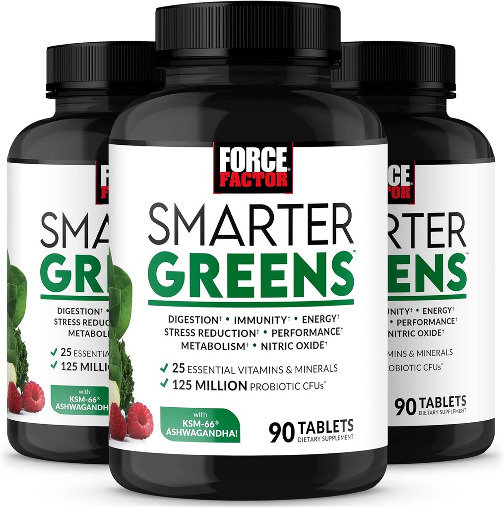 FACTEUR DE FORCE Comprimés verts plus intelligents, 3-packs, supplément vert avec 25 superaliments et antioxydants pour améliorer la digestion, réduire le stress, renforcer l'immunité et soutenir le métabolisme, 270 comprimés