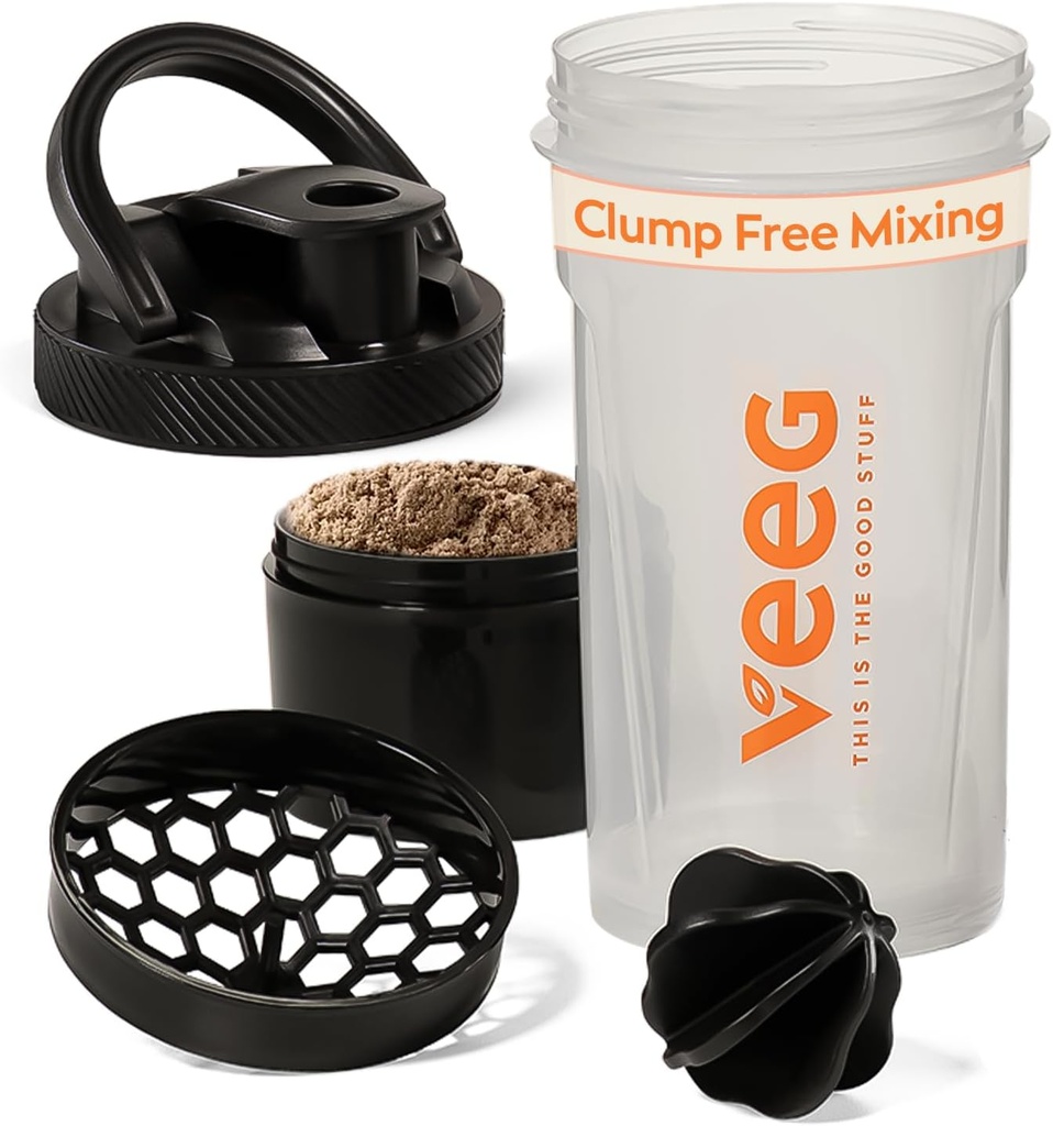 Veeg Shaker Flaschen für Proteinmischungen, Protein Shake Bottle mit Mischkugel, Sieb, Ablagefach. 24 oz Fitness-Shaker-Flasche, Flip Top Lid, Carry Griff. BPA-frei, Lecksicher, Geschirrspüler Safe.