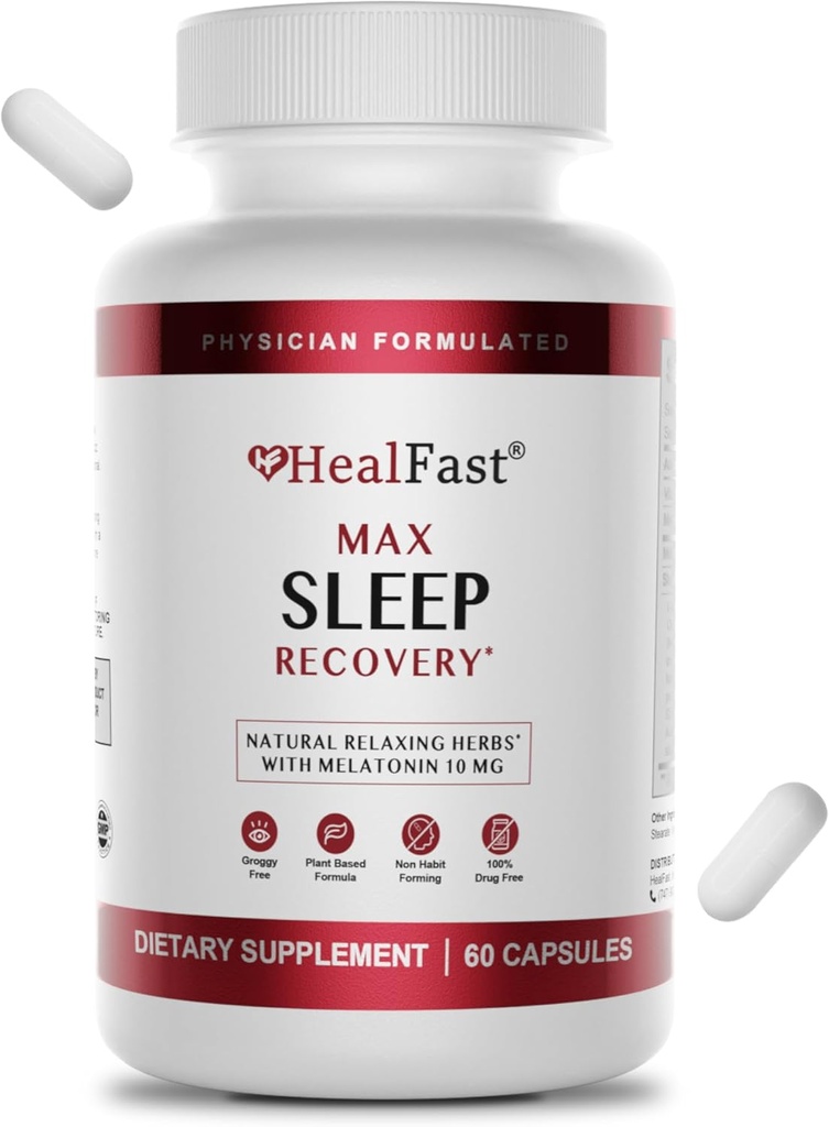 HealFast Physician Formuliert Max Schlafhilfe mit extra Stärke Melatonin 10mg - Fast Dissolving - natürliche Schlafhilfen für Erwachsene - Melatonin Pillen - Kräuter, Aminosäuren und Melatonin - 60 Ct