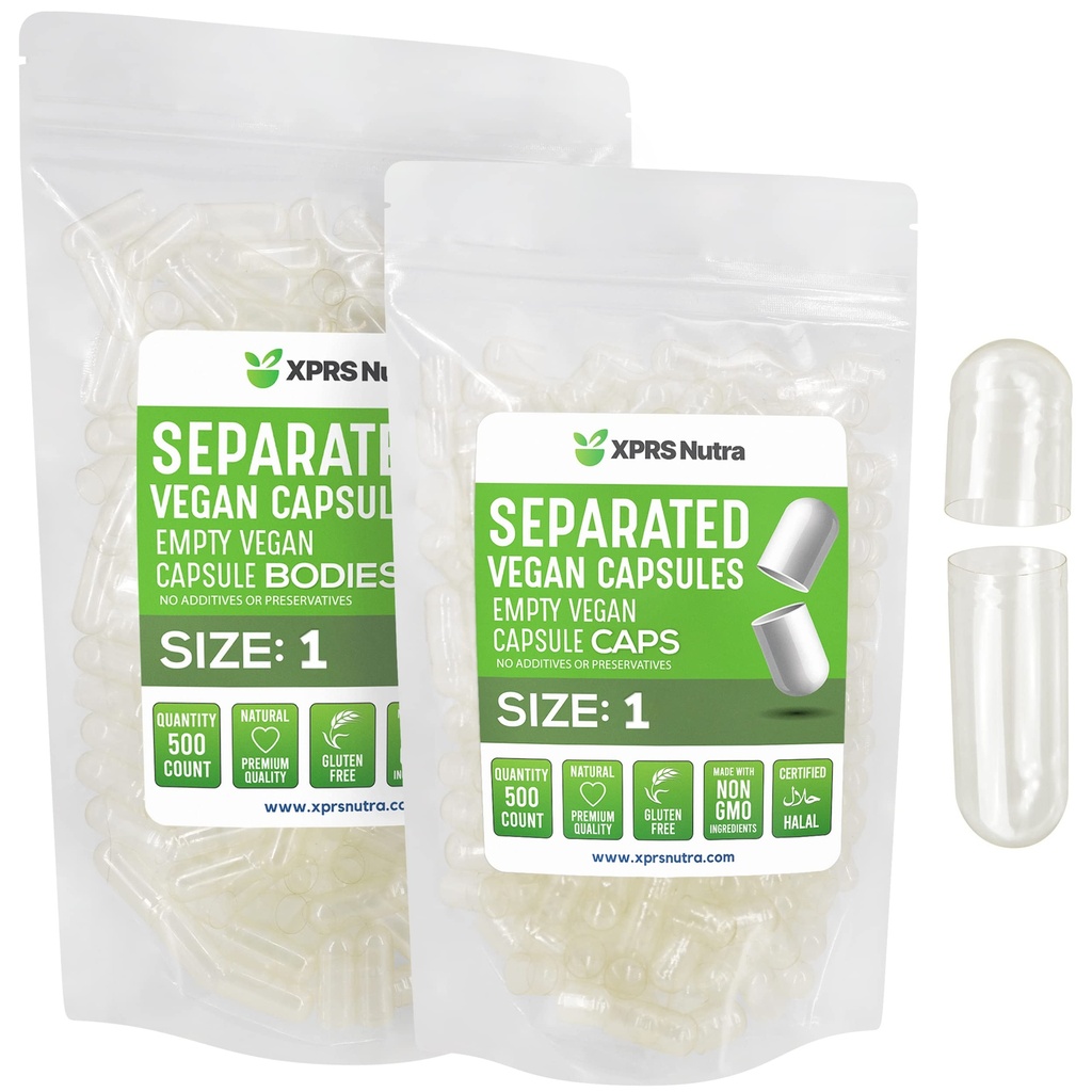 XPRS Nutra Vegan Taille 1 Capsules séparées - 500 Compte Capsules vides Premium Séparées dans des sacs - Pills claires 1 Vide pour le remplissage de supplément de bricolage
