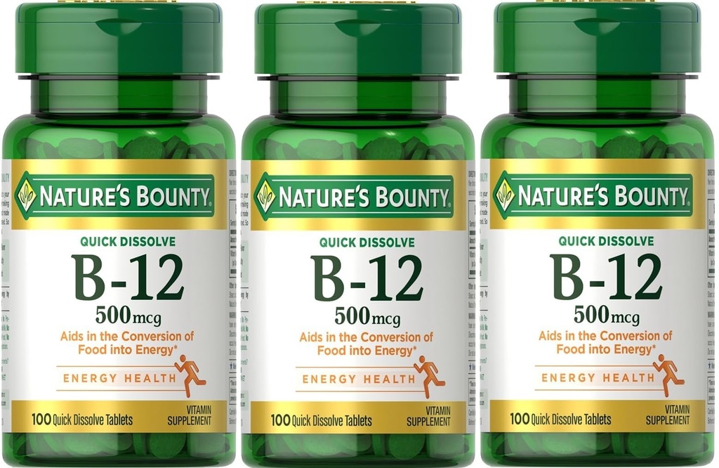 Bounty de la nature B-12 Dissoudre rapidement les comprimés 500 Mg, 300 comprimés (3 x 100 bouteilles de comptage)