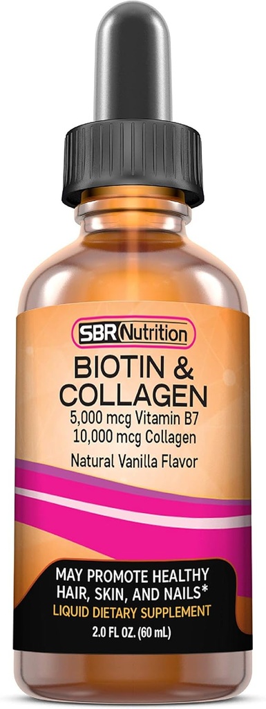 SBR Nutrition Biotin and Collagen Liquid Daily Dietary Supplement, Vitamine für Haarwachstum und -verdünnung, Hautgesundheit und Nailstärke, 2 oz (60mL)