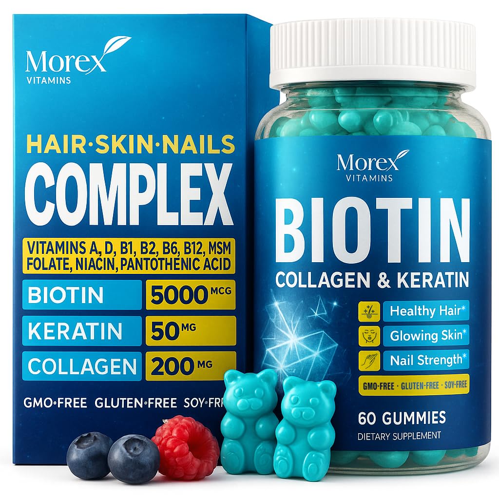 Biotin Collagen Keratin Gummis - Multivitamin Natürlich für Haare, Haut und Nägel mit Vitamin A, D, B7 - Anti Aging Collagen Gummy Vitamine für Männer & Frauen, Haar & Nail Wachstumsergänzung - 60 Gummy Bears