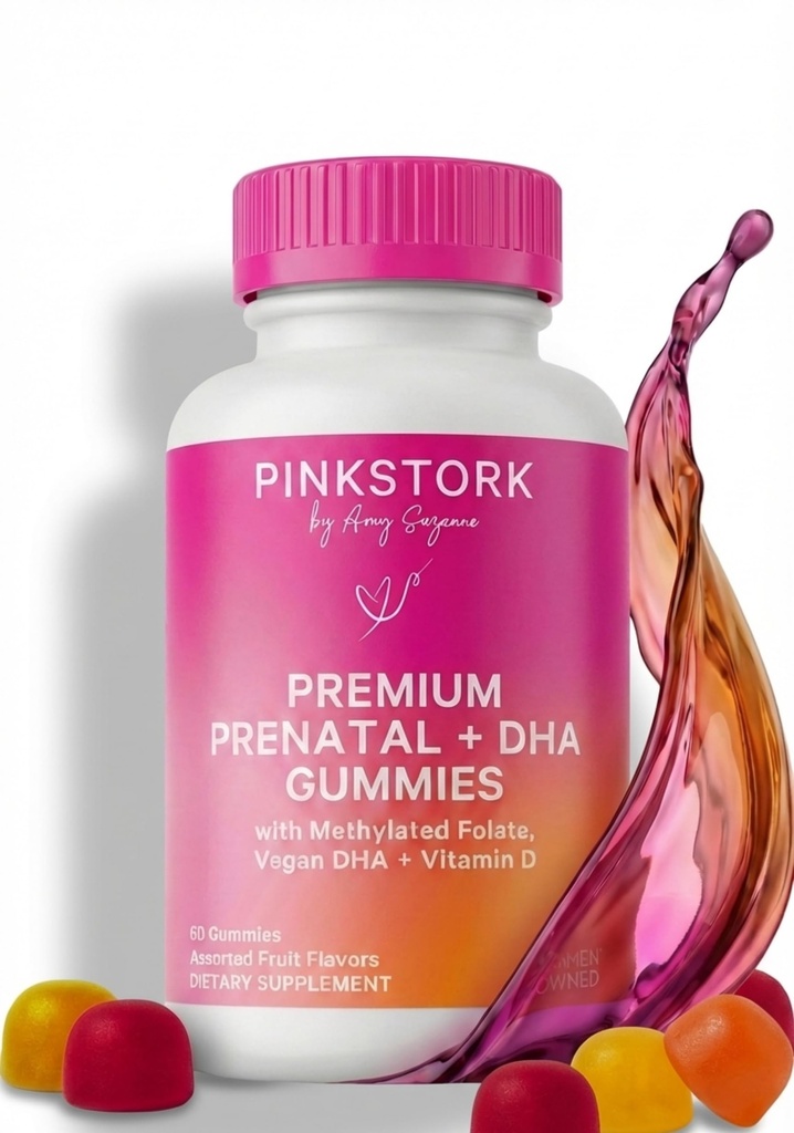 Pink Stork Premium Pränatale Gummy Vitamine mit DHA, Folat und Vitamin D - Multivitamin und Nährstoffmischung für Neuralrohr und Fetale Hirnentwicklung - Schwangerschaft Must Haves - 60 Vegan Gummis