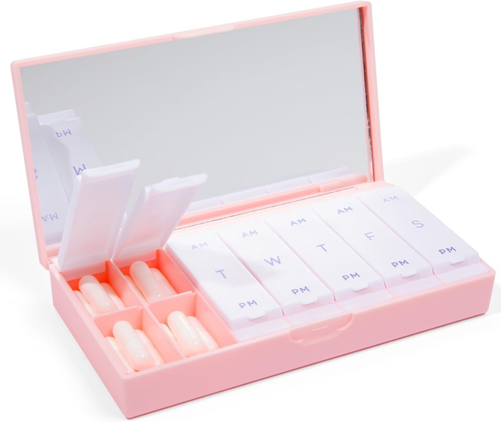 PORT X POLISH Designer Weekly Pill Box Organizer (AM/PM 2X Daily, Blush Pink) | Compact, Stylish 7-Day Vitamin Supplement Case | Cut Portable Mini Travel Medicine Carrier | BPA-Free Pillbox Caddy