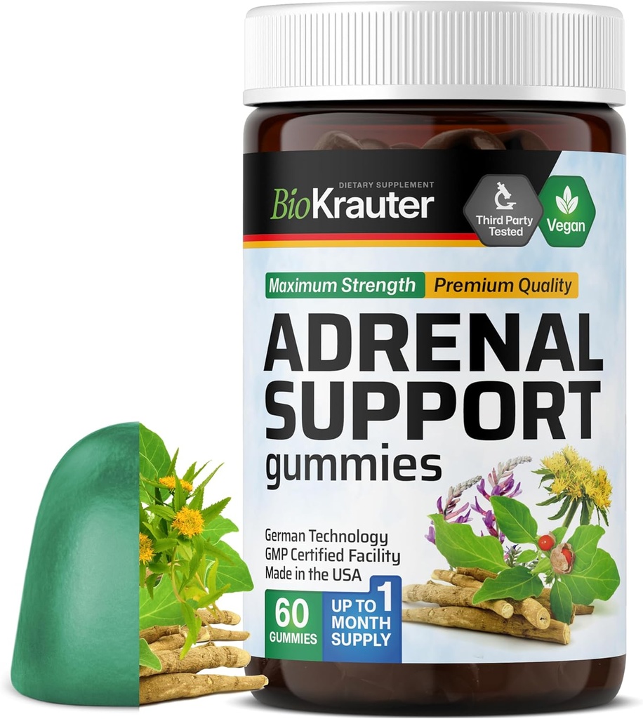 BIO KRAUTER Adrenal Support Gummis - 60 Chews - Rhodiola & Ashwagandha Gummis mit Vitaminen C, B6, B12 - Vegan Mood Support Supplement