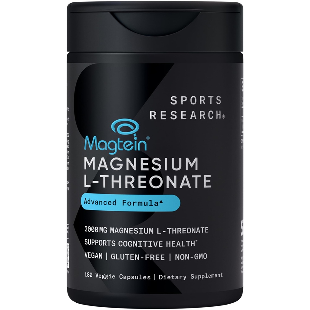 Recherche sportive Magtéin Magnésium L-Thréonate Capsules - Supplément de magnésium pour la mémoire, la focale et la cognition - Magnésium L Thréonate soutient la santé cérébrale, le sommeil et l'humeur- 2000mg, 180 Capsules pour adultes
