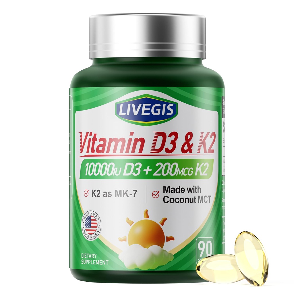 Vitamin D3 K2 Softgels, D3 10000 IU mit K2 (MK-7) 200 mcg mit Kokosnussöl Softgels, leicht zu schlucken 2 in 1 Vitamine D & K, unterstützt Calciumabsorption, Immun- und Herzgesundheit - 90 Zähler