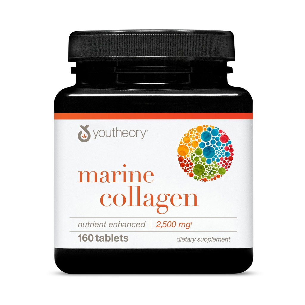 Youtheory Meereskollagentabletten - 2.500 mg Kollagenpeptide aus Fischen - mit Vitamin A, C, E, B6 & B12 - Unterstützt Gelenk- und Nagelgesundheit * - Hoch absorbierbar - 160 Tabletten (32-Tage-Versorgung)