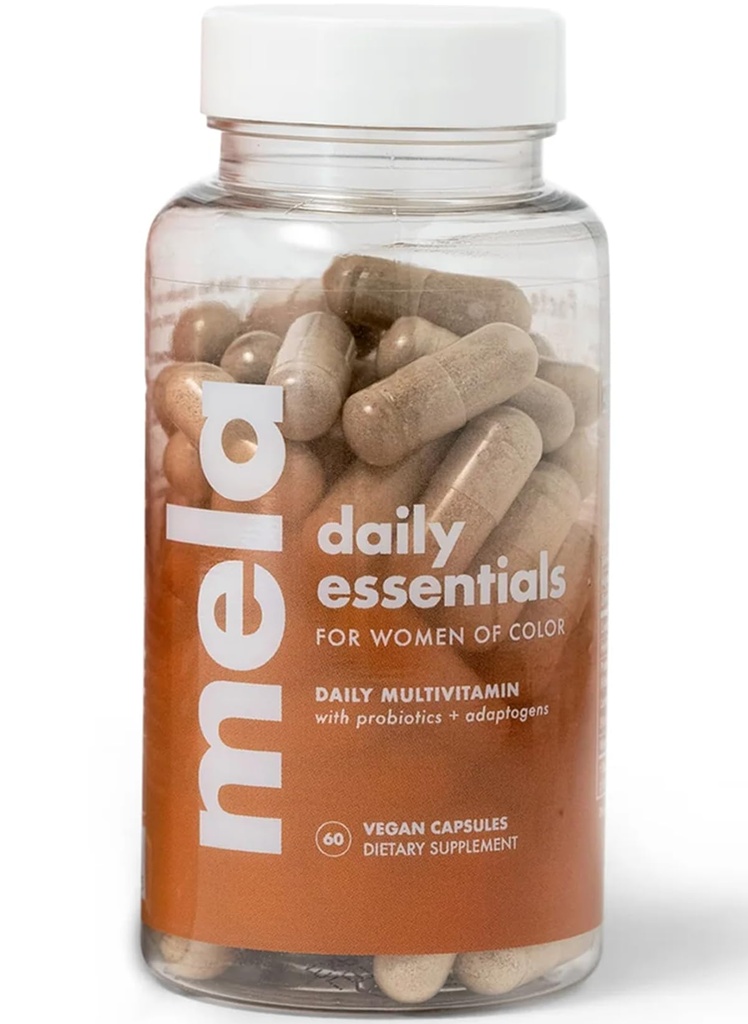 Mela Daily Essentials Multivitamine pour femmes mélanées - Vitamine D3 et B12 à forte teneur enose, Probiotiques, Lion's Mane, Ceylan Cinnamon - Vegan, Sans gluten, Non-OGM, 30 jours d'approvisionnement (60 capsules)