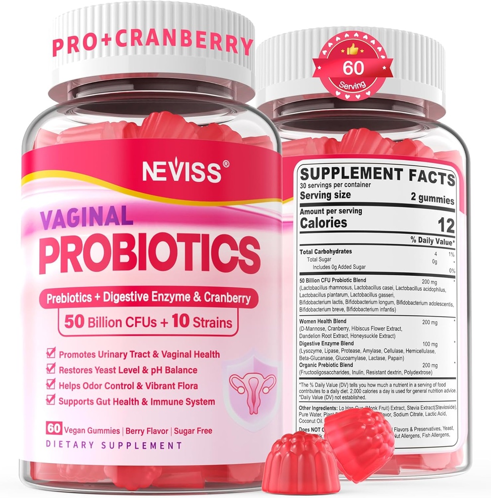 Vaginale Probiotika Gummie für Frauen PH Balance, Odor Control mit Präbiotika, Cranberry, D-Mannose, Fördert Feminine Gesunde Vaginal Flora, Urinary Tract, Hefe, Verdauungsunterstützung, Sugar Free,120Cts