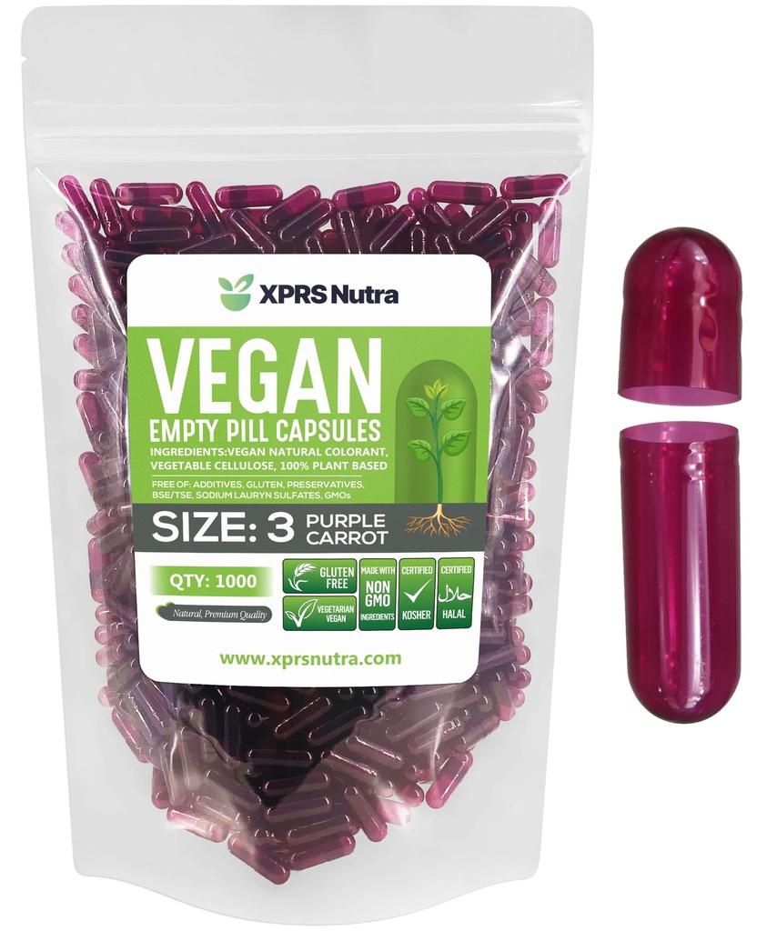 XPRS Nutra Größe 3 Leere Kapseln - 1000 Graf Leere Vegan - Vegetarische Pillen - DIY Gemüse Kapsel Füllung - Veggie Pillen Caps (Purple Carrot)