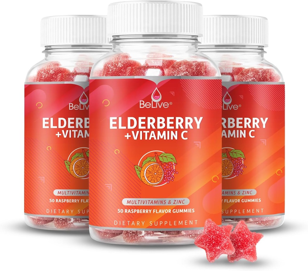 Gommies BeLive Elderberry avec du zinc et de la vitamine C - Supplément de soutien immunitaire avec vitamine D, A, E, B12 - Gommies pour des os et des dents sains, végétalien, kéto et non-OGM - Arôme de framboise