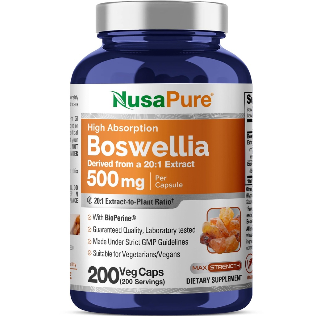 NusaPure Boswellia Serrata 10.000 mg Per Veggie Caps 200 Count (Ext. 20:1, Non-GMO, Vegan, Bioperine) Ayurvedic Herb: Indian Olibanum, Frankincense