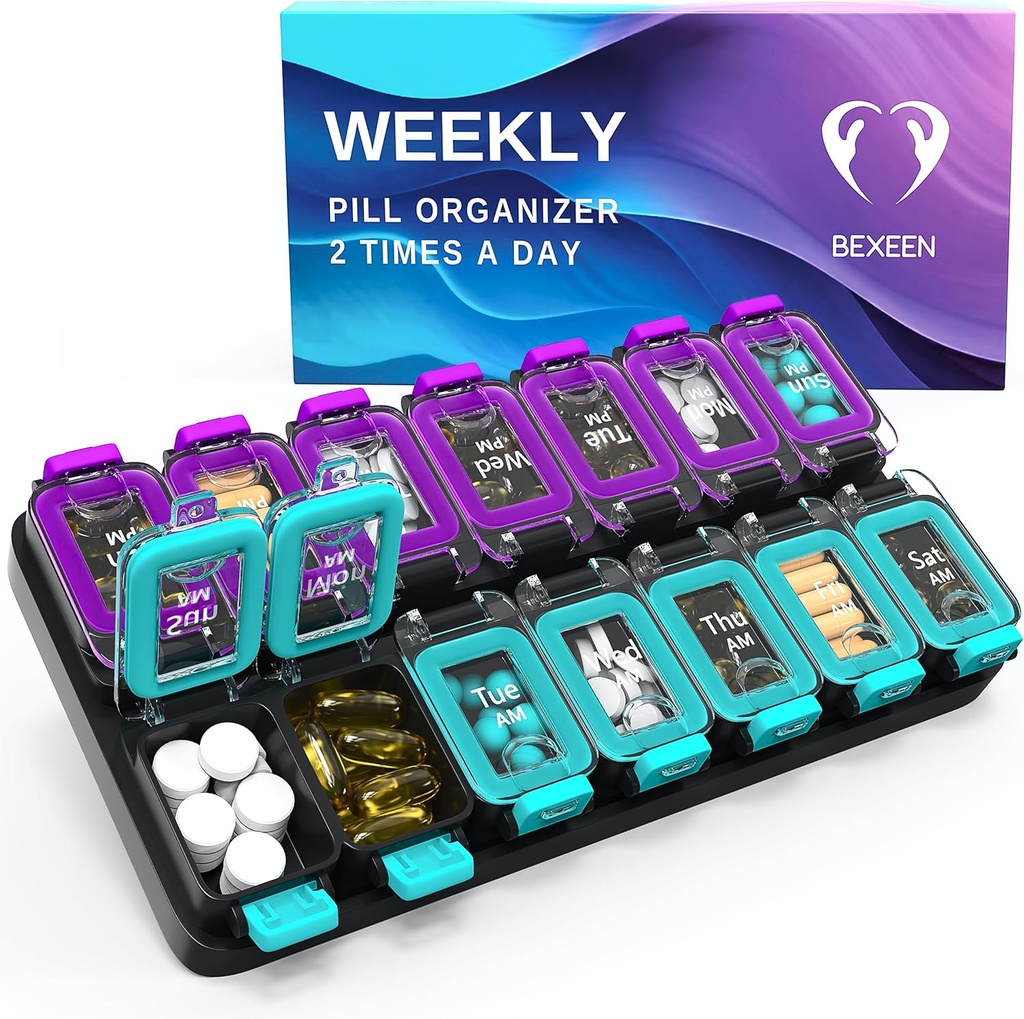Extra große wöchentliche Pille Organizer 2 Mal pro Tag - luftdichte Pille Box 7 Tag - Am Pm Vitamin Case - Medizin Container Zwei Wochen Supplement Halter Tägliche Medikamentenspeicher zweimal Med XL Grün/Purple