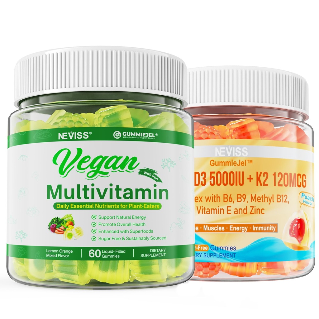 NEVISS Vitamin D3 5000IU + K2 (MK-7) 120mcg mit Vegan Multivitamin für Männer mit Eisen, Vitamin B12, A, D3, K2, Algae Omega 3, Magnesium, Zink