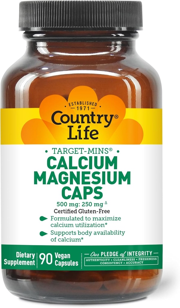 Country Life Target-Mins Calcium Magnesium Complex - 1000mg Calcium, 500mg Magnesium, Gluten-Free Supplement for Bone Health